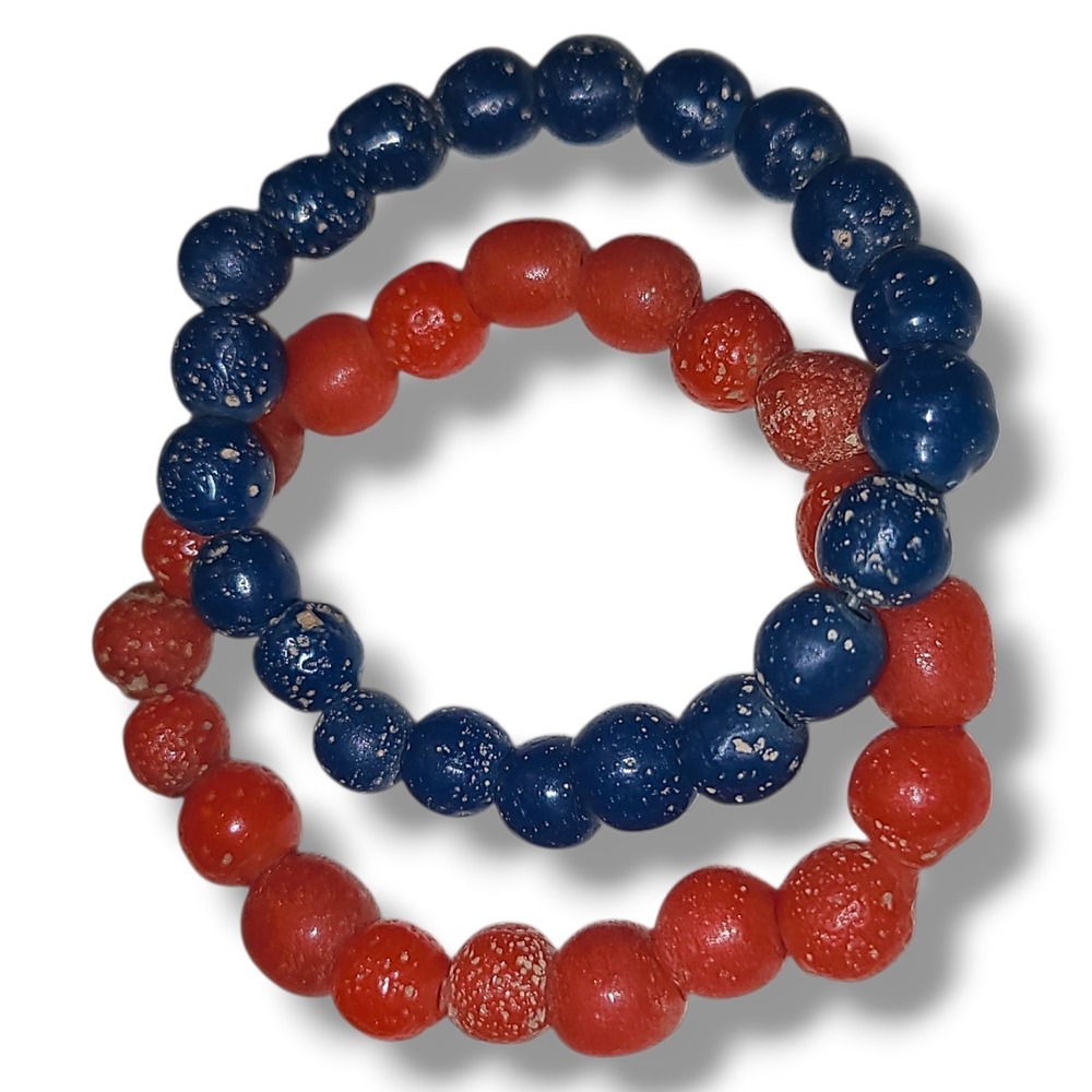 2 Chunky Blue & Red Java Glass Bead Stretch Bracelets